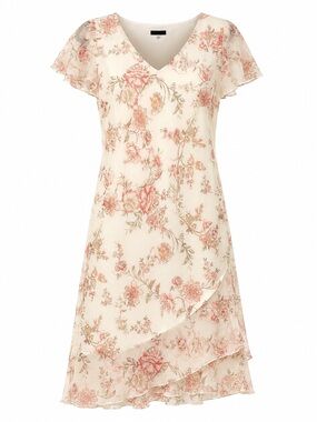 Vintage Y2K Believe Pink Ivory Floral Fairy Dress Formal Size 12 high low hem